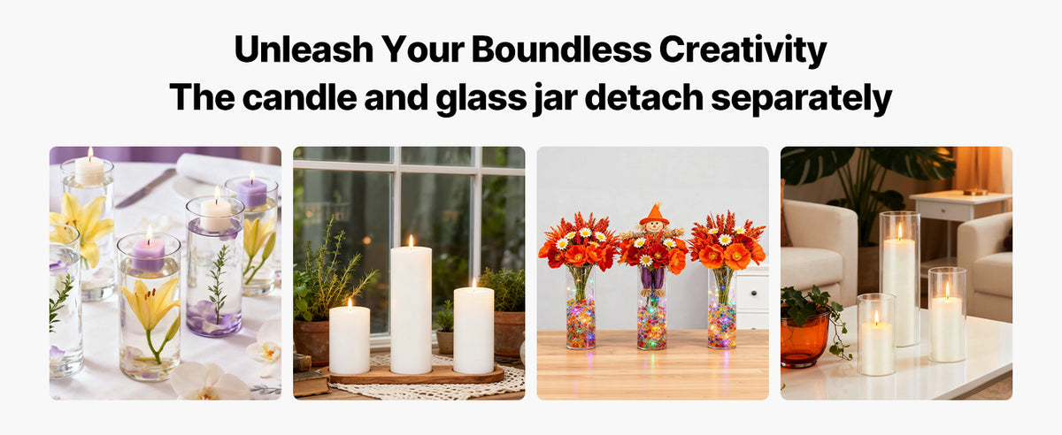 A set of glass cylinder vases with pillar candles displayed on a wooden table for home décor.