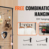 A display rack showing various hanging accessories like tools, decor, and items using different sized hooks and clips.