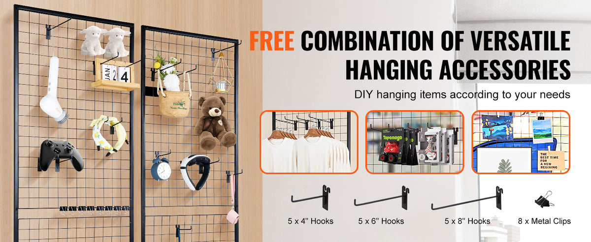 A display rack showing various hanging accessories like tools, decor, and items using different sized hooks and clips.