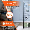 Comparison showing a cluttered storage area before and after using a double-sided wire grid wall display rack