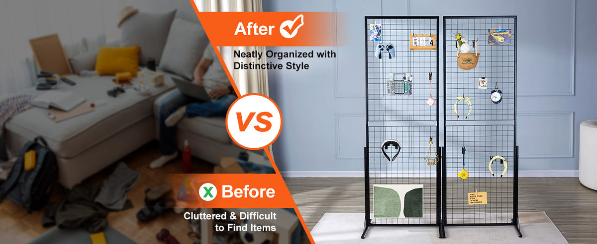 Comparison showing a cluttered storage area before and after using a double-sided wire grid wall display rack
